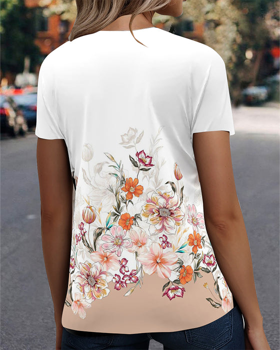 T-Shirt Z Nadrukiem Dekolt W Serek Casual Z Krótkim Rękawem