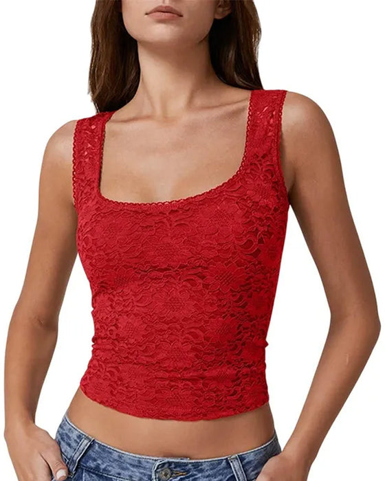 Tank Top Koronkowa Lamówka Kwadratowy Dekolt Bez Rękawów
