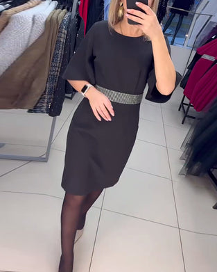 Sukienka Okrągły Dekolt Rozkloszowane Połowa Rękawów Talia