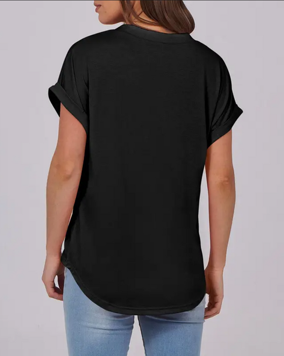 T-Shirt Jednokolorowy Dekolt W Serek Krótki Rękaw