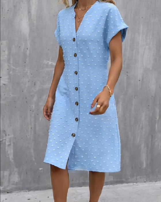 Sukienka Koszulowa Żakard Dekolt W Kształcie Litery V Guziki Z Przodu Midi Koszula