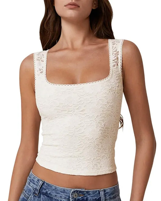 Tank Top Koronkowa Lamówka Kwadratowy Dekolt Bez Rękawów