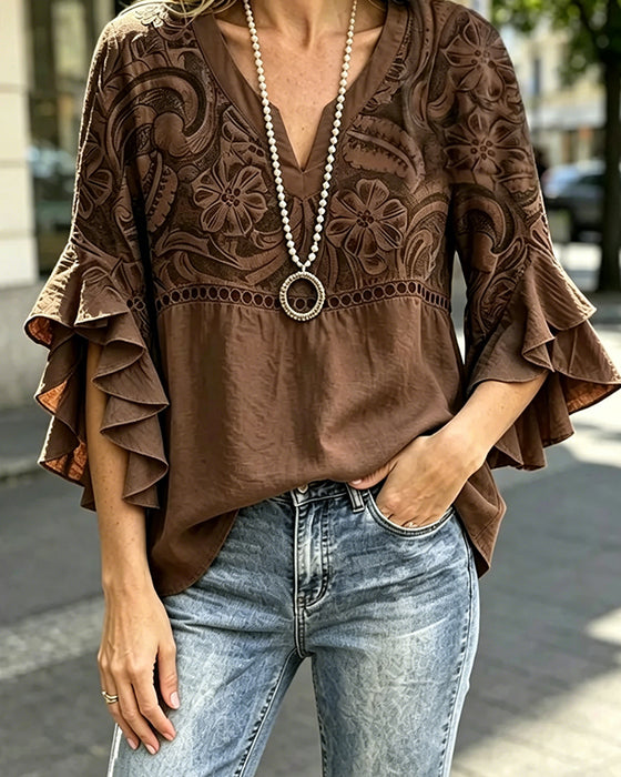 Bluzka Vintage Kwiatowy Wzór Asymetryczny Rękaw Z Falbanami