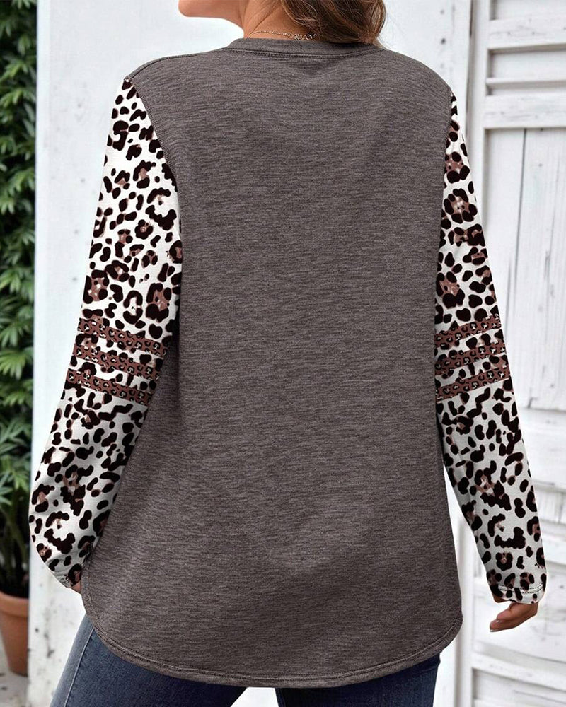 Top Okrągły Dekolt Print Leopard Długi Rękaw