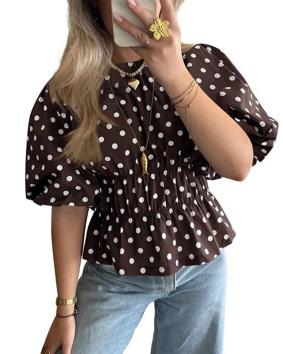 Bluzka Kropka Off-Shoulder Przepasujący Balonowy Rękaw