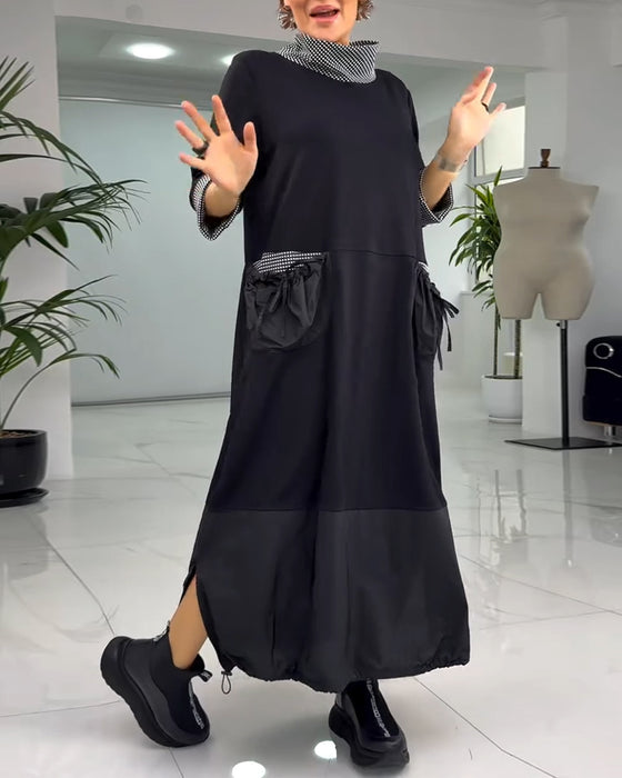 Sukienka w kratę z wysokim kołnierzem i kieszeniami