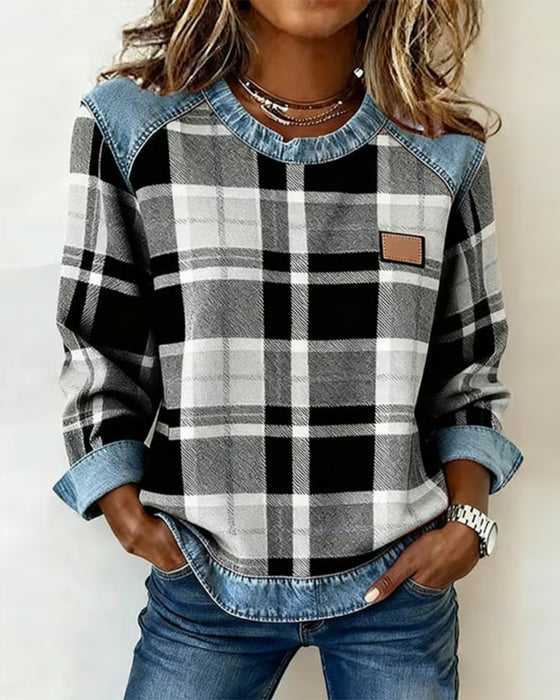 Modna Bluza W Kraciasty Patchwork