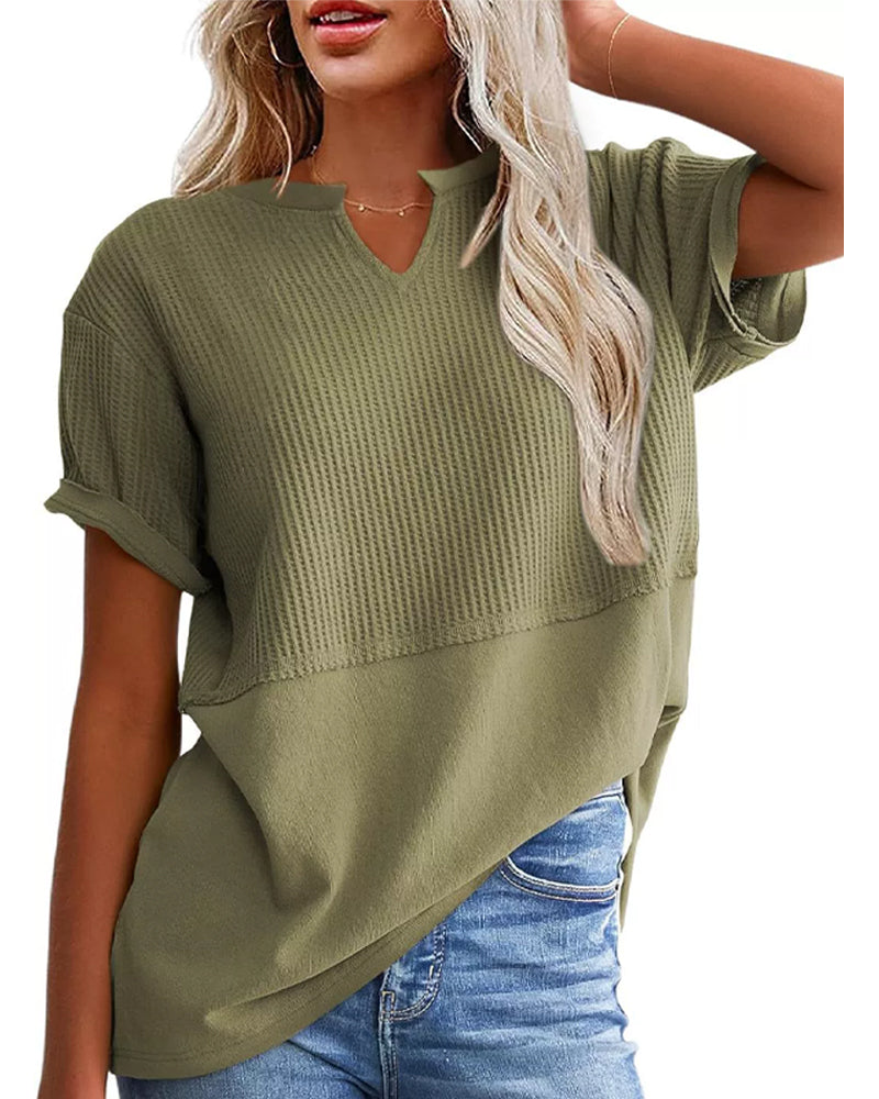 T-Shirt Przewiązana W Talii Patchwork Dekolt W Kształcie Litery V Sweter