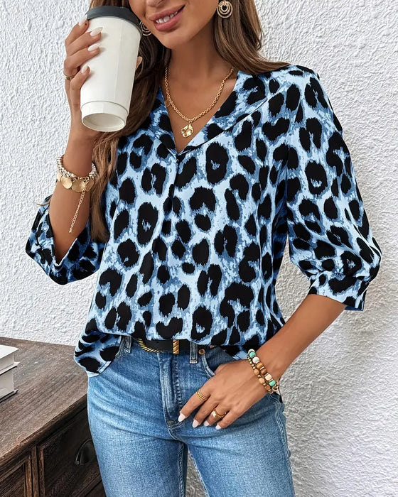 Bluzka 3/4 Rękaw Leopardzi Nadruk Luźna