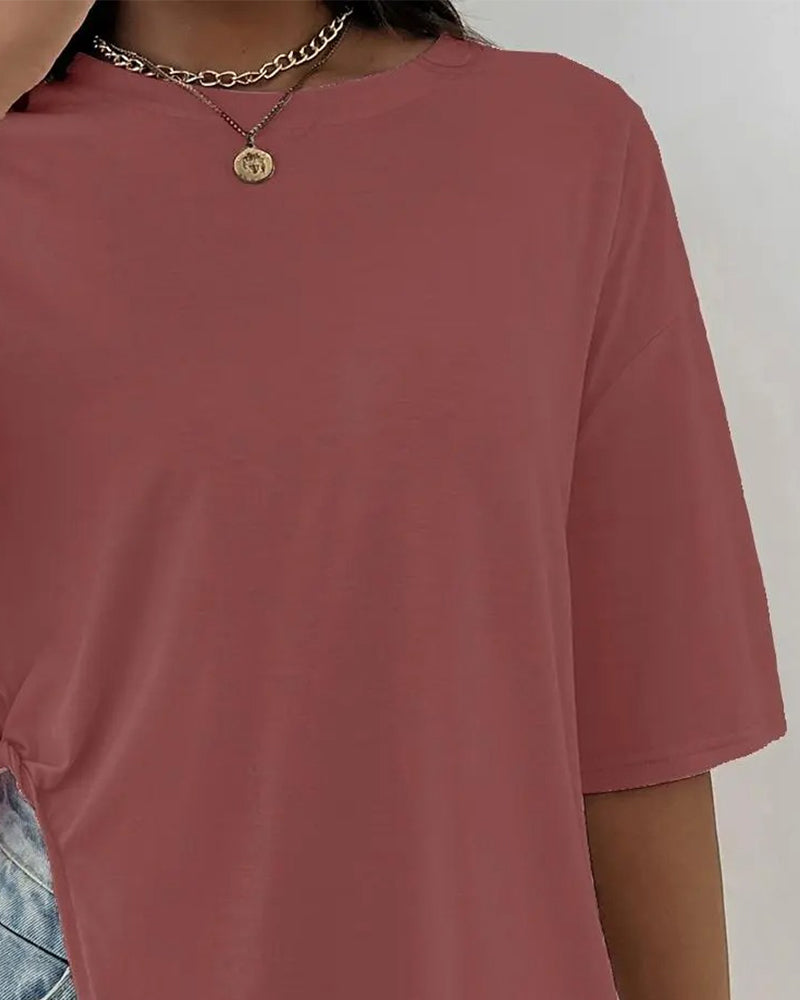 T-Shirt Okrągły Dekolt Rozcięty Krótki Rękaw