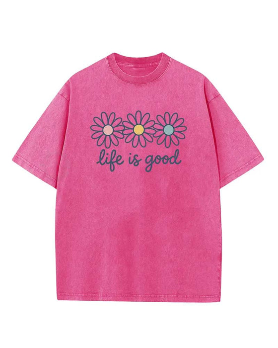 T-Shirt Nadruk Stokrotki Swobodny Postarzany