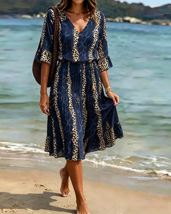 Sukienka V-Szyjka Lampart Patchwork Midi Wakacje