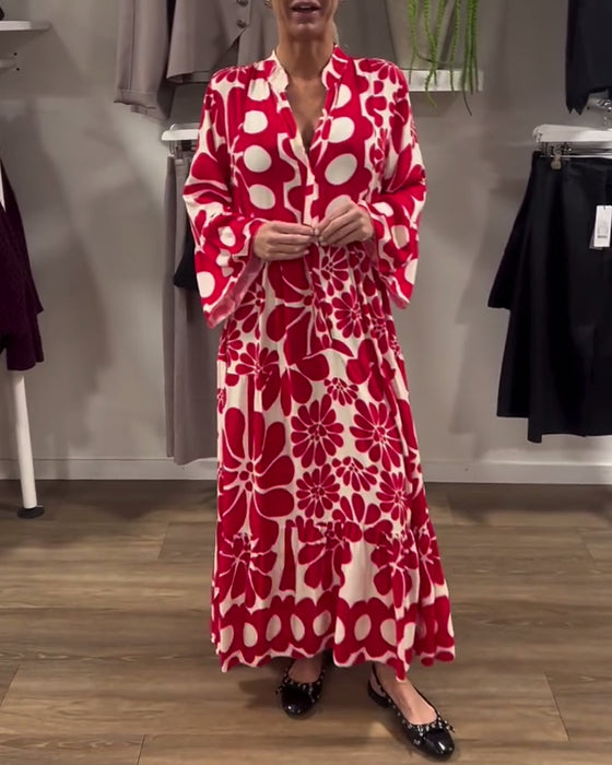 Sukienka V-Neck Luźny Plus Size Kwiatowy Nadruk