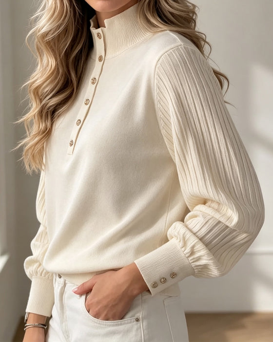 Pullover Golf Guzik Prążkowany Bufiaste Rękawy Sweter