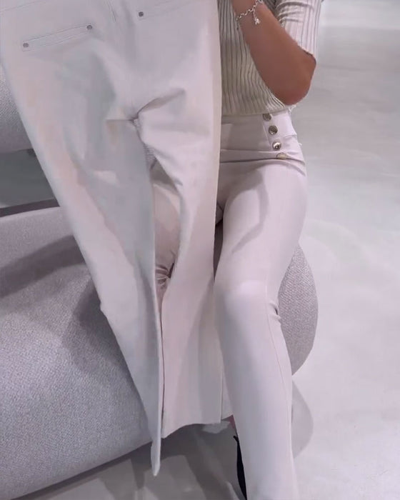 Spodnie Wysoka Talia Boczny Guzik Stretch