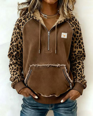 Bluza Z Kapturem Color-Block Z Zamkiem I Leopardzim Printem