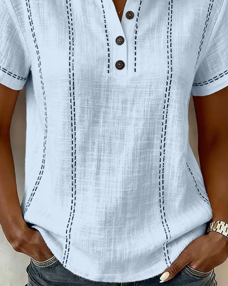 T-Shirt Moda Swobodny Guzik V-Dekolt