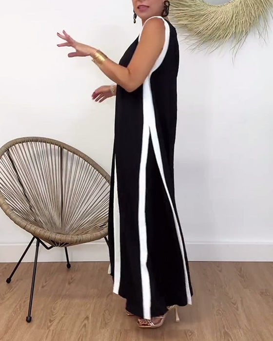 Modna sukienka bez rękawów z kontrastowym nadrukiem i dekoltem w kształcie litery V