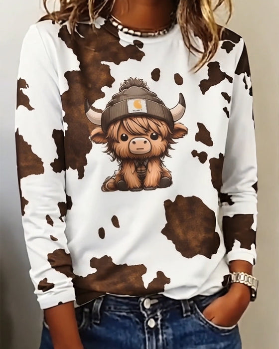 Top Animal Print Okrągły Dekolt Długi Rękaw