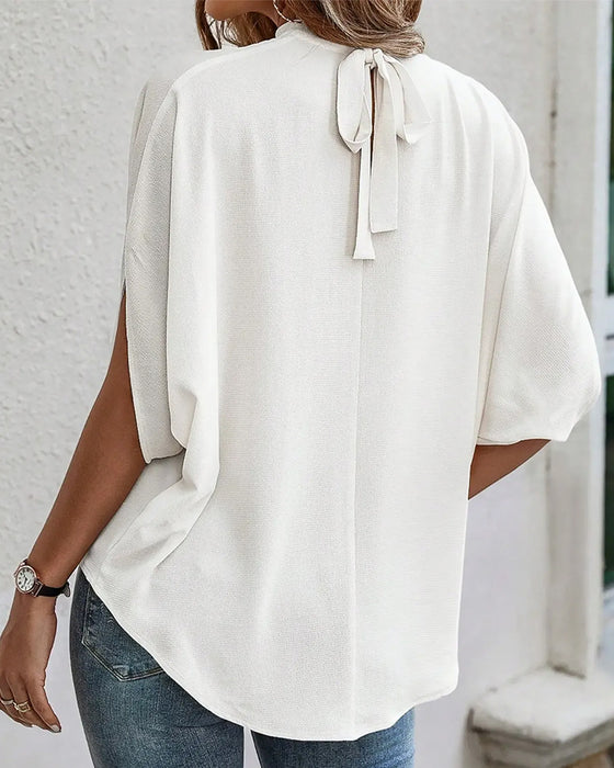 Bluzka Mock Neck Plisowany Trzy Czwarte Rękaw Gładki