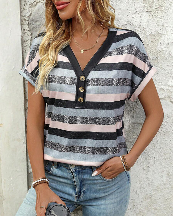 T-Shirt Dekolt V Trzy Guziki W Paski