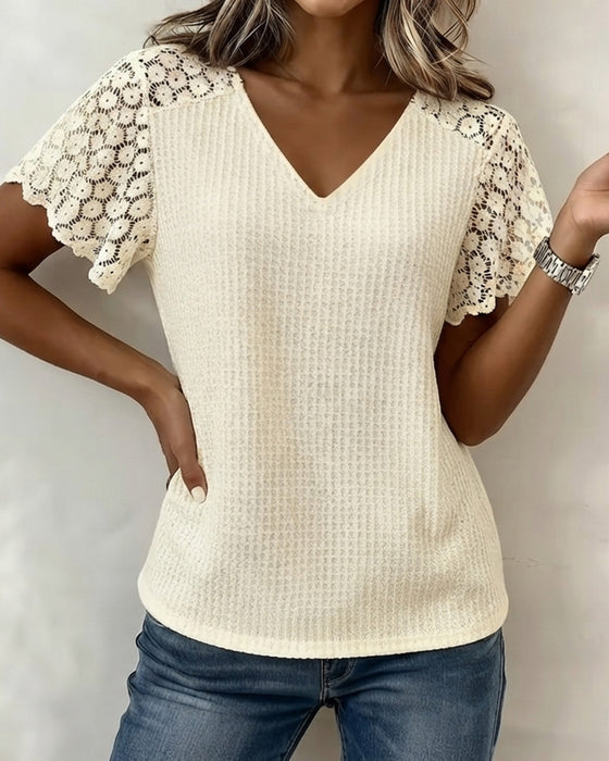 T-Shirt Dekolt W Wafel Koronka Patchwork Jednolity