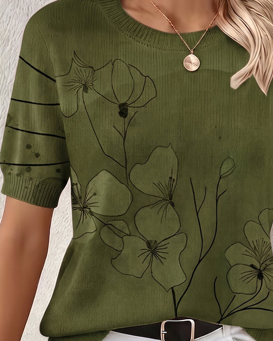 Sweter Drukowany Krótki Rękaw Okrągły Dekolt Pulower