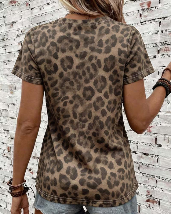 T-shirt Okrągły Dekolt Leopardowy Slim-Fit Krótki Rękaw