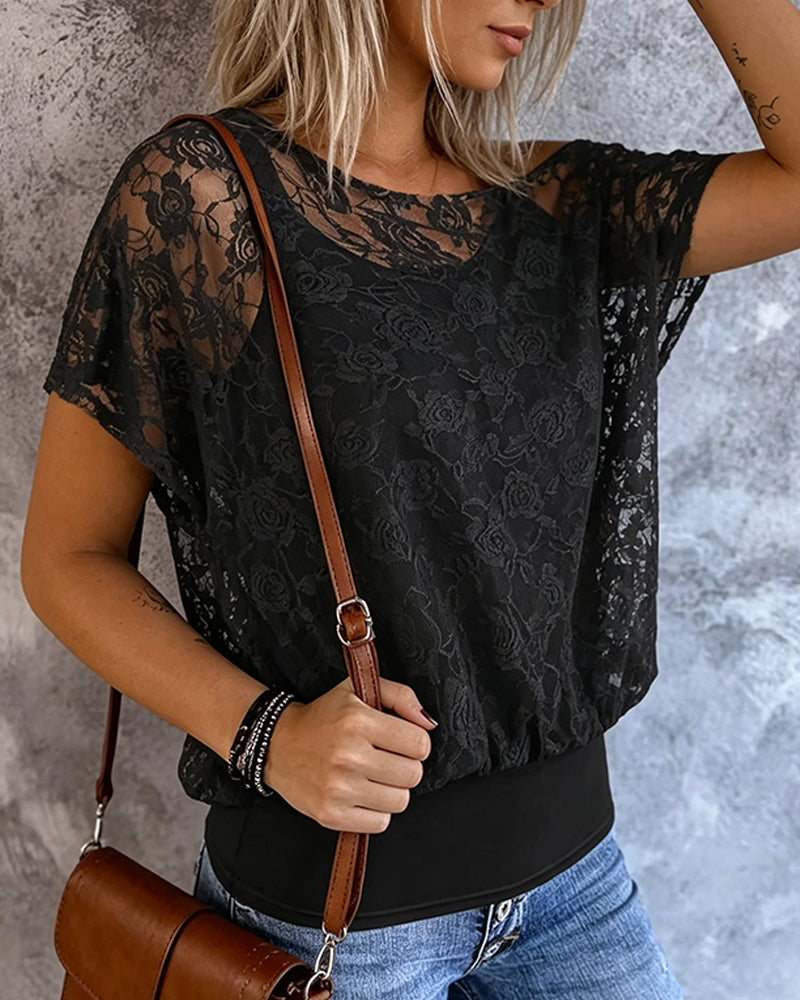 T-Shirt Off-Shoulder Koronka Patchwork Szelki