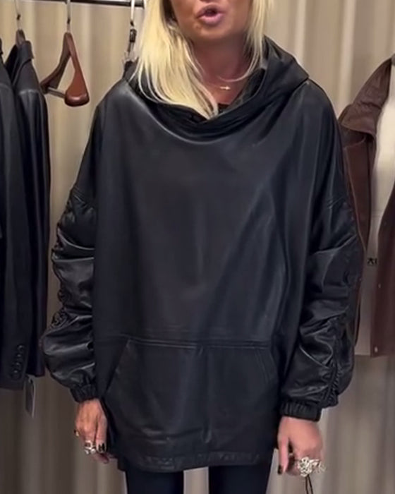 Luźna Bluza Z Kapturem Z Ekoskóry