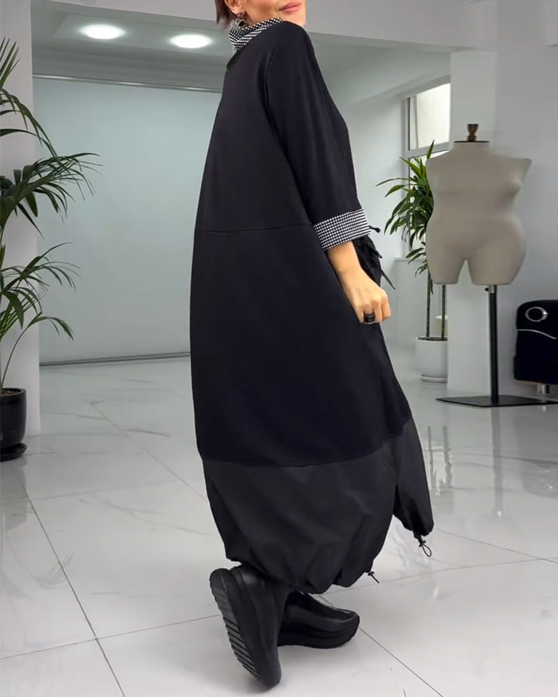 Sukienka w kratę z wysokim kołnierzem i kieszeniami