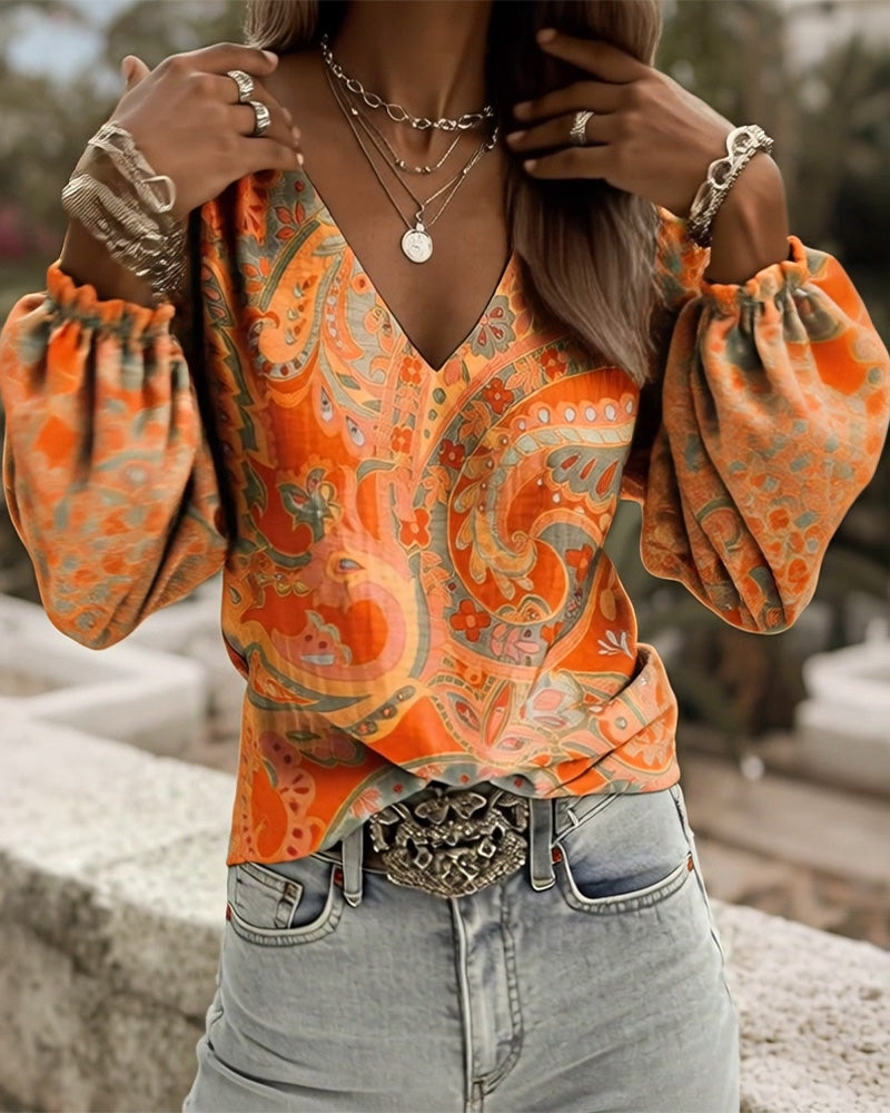 Bluzka Wzorzysta Dekolt W Serek Rękaw Bufka