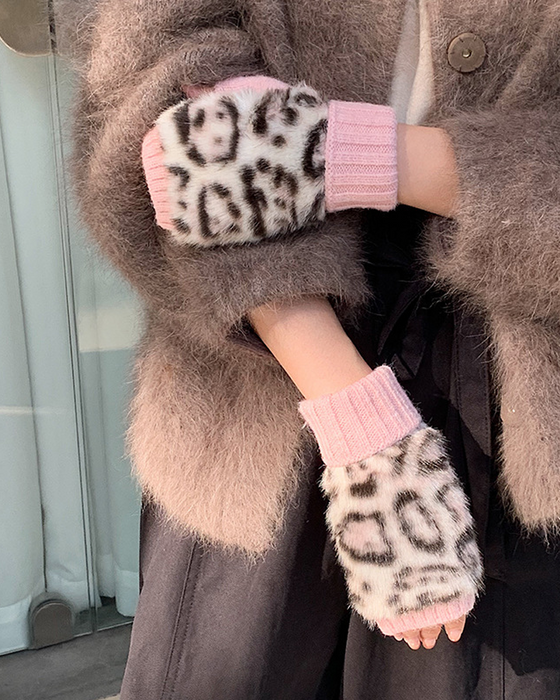 Rękawiczki Print Leopardzi Futro