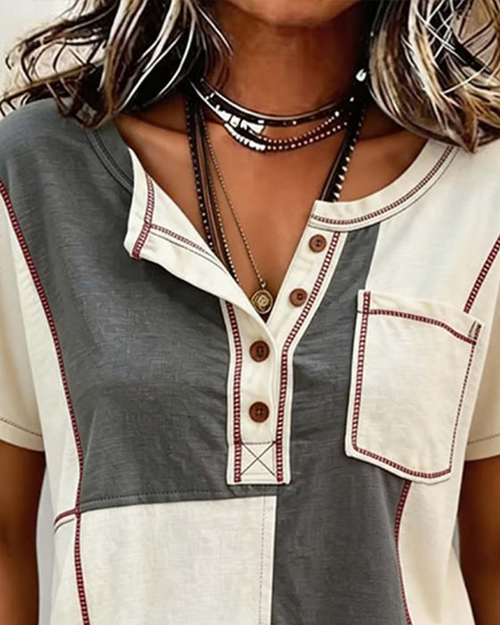 T-Shirt Kontrastowy Kolor Okrągły-Dekolt Guzik Patchwork