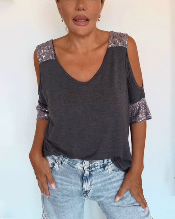 Koszula z Off-the-Shoulder Patch'em z Sequinami