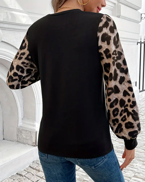 Top Długi Rękaw Leopard Print Kontrast