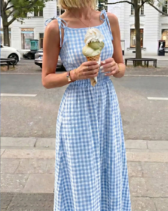 Sukienka Sznurowanie Krata Szelki Linia A