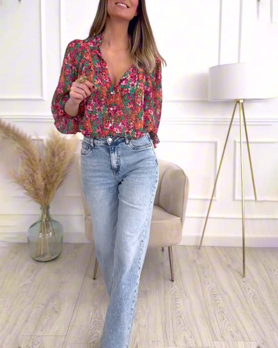 Koszula zapinana na guziki z nadrukiem i bufiastymi rękawami