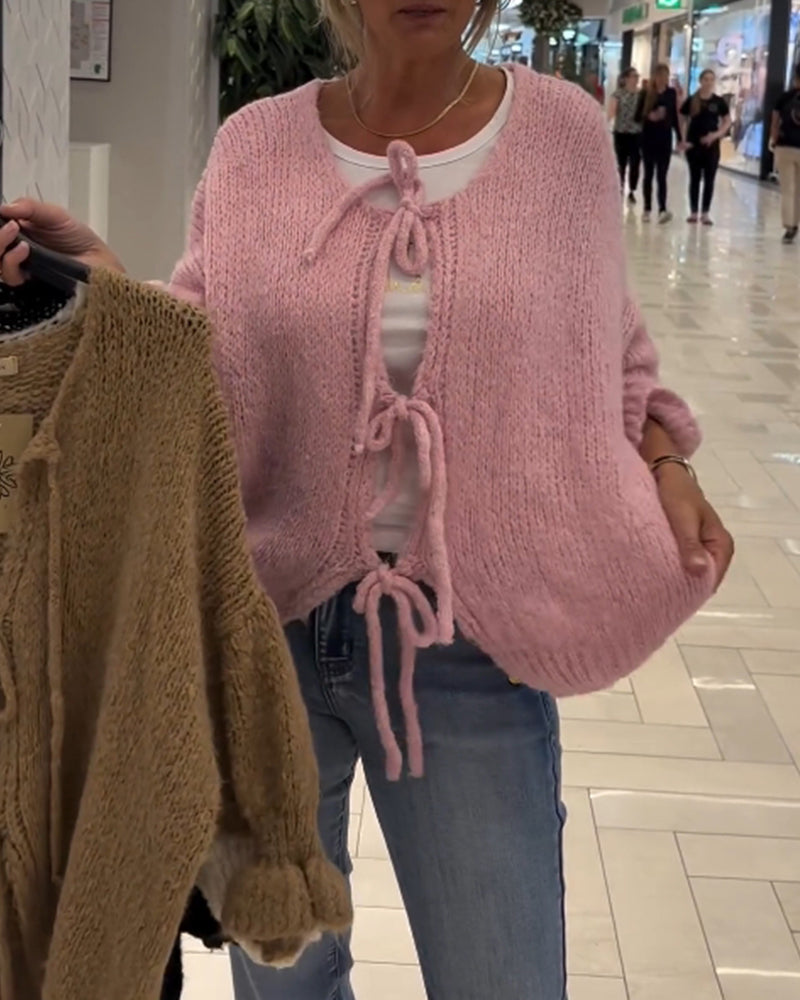 Luźny jednokolorowy kardigan ze sznurowaniem i długim rękawem