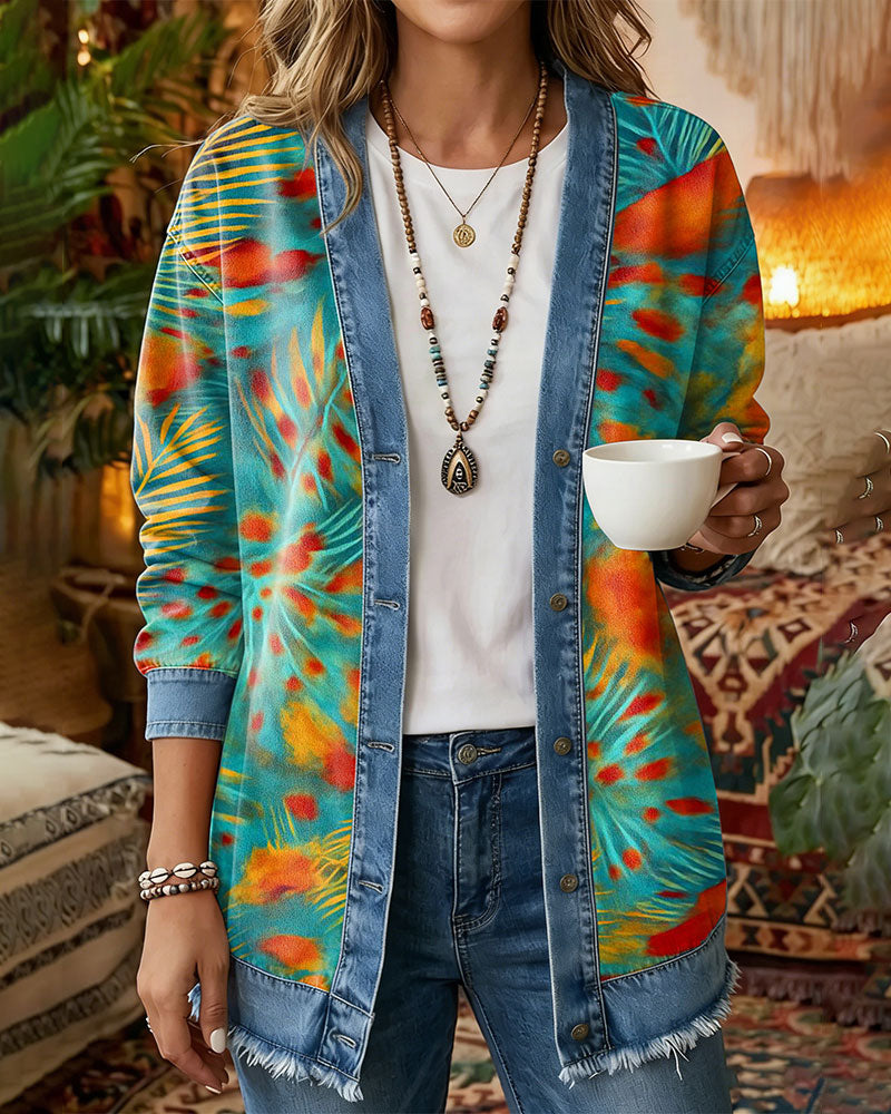 Płaszcz Bohemian Denim Patchwork Kwiatowy