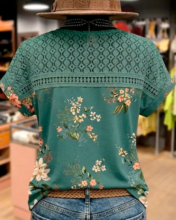 T-Shirt Z Wycięciem Patchwork Krótki Rękaw