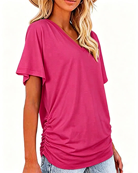 T-Shirt Plisowany Jednokolorowy Dekolt W Serek