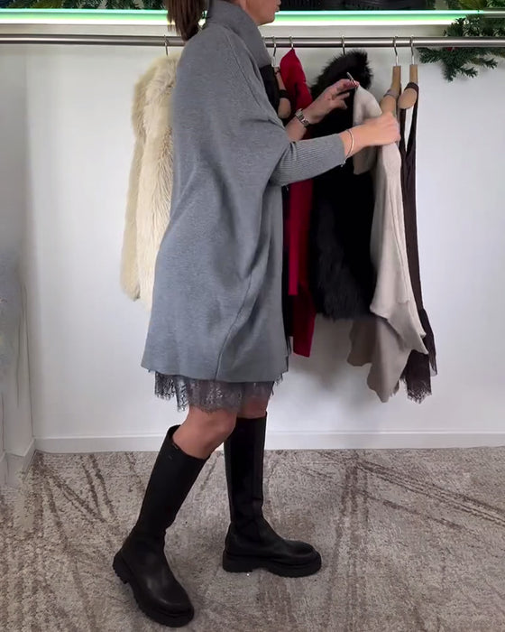 Sukienka z Ramiączkami Koronkowa Siateczka Garnitur Wysoki Kołnierz Rękawy Nietoperza