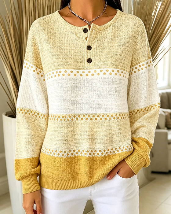 Bluza Blok Kolorów Dzianina Waflowa Henley Sweter