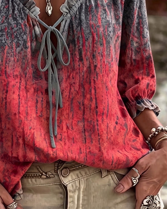 Bluzka Gradient Tie-Dye Ściągacz Trzy Czwarte Rękaw