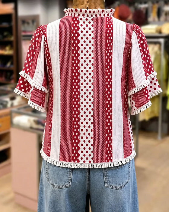 Bluzka Dekolt W Grochy Frędzle Patchwork