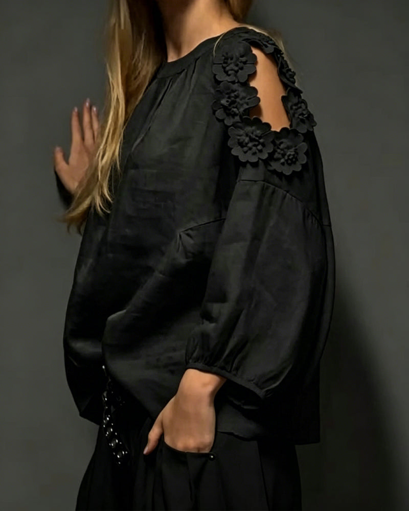 Bluzy Okrągły Dekolt Wycięcie Off-Shoulder 3D Kwiatowy