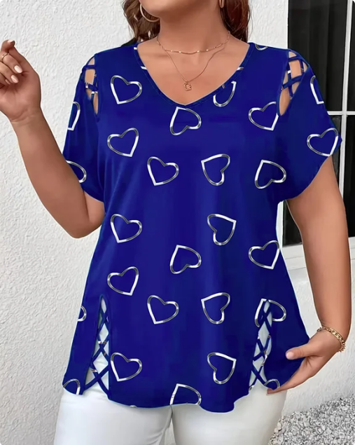 T-Shirt Wzór Serce Ażurowy Krótki Rękaw