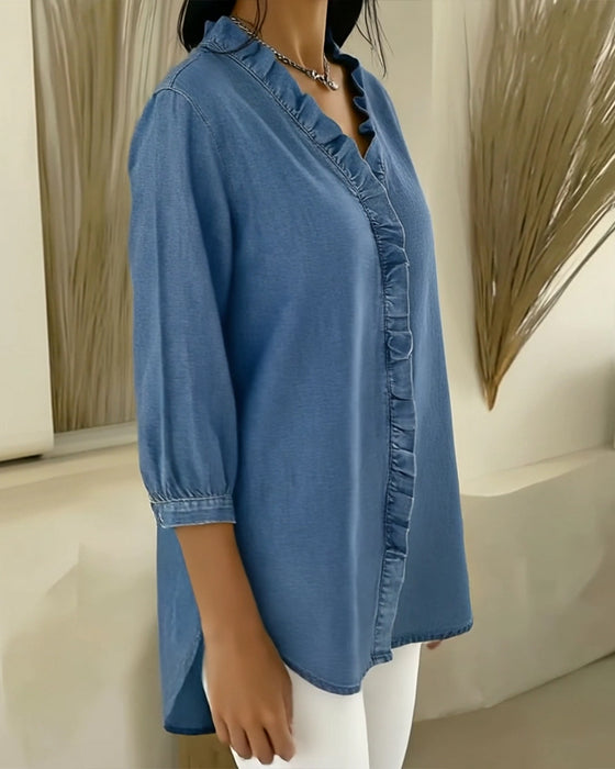 Bluzka Ruffle Dekolt V Denim