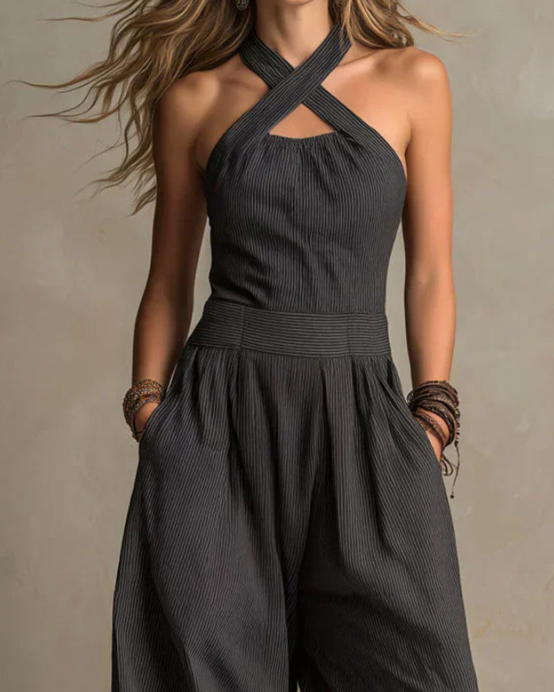 Jumpsuit Halter Krzyż Bez Rękawów Pasek